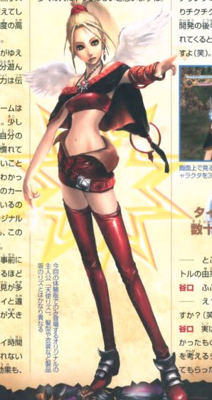 full length artwork of angel liz with a high ponytail, cropped tube tank top, bright red thigh highs, and angel wings. she wields a card.