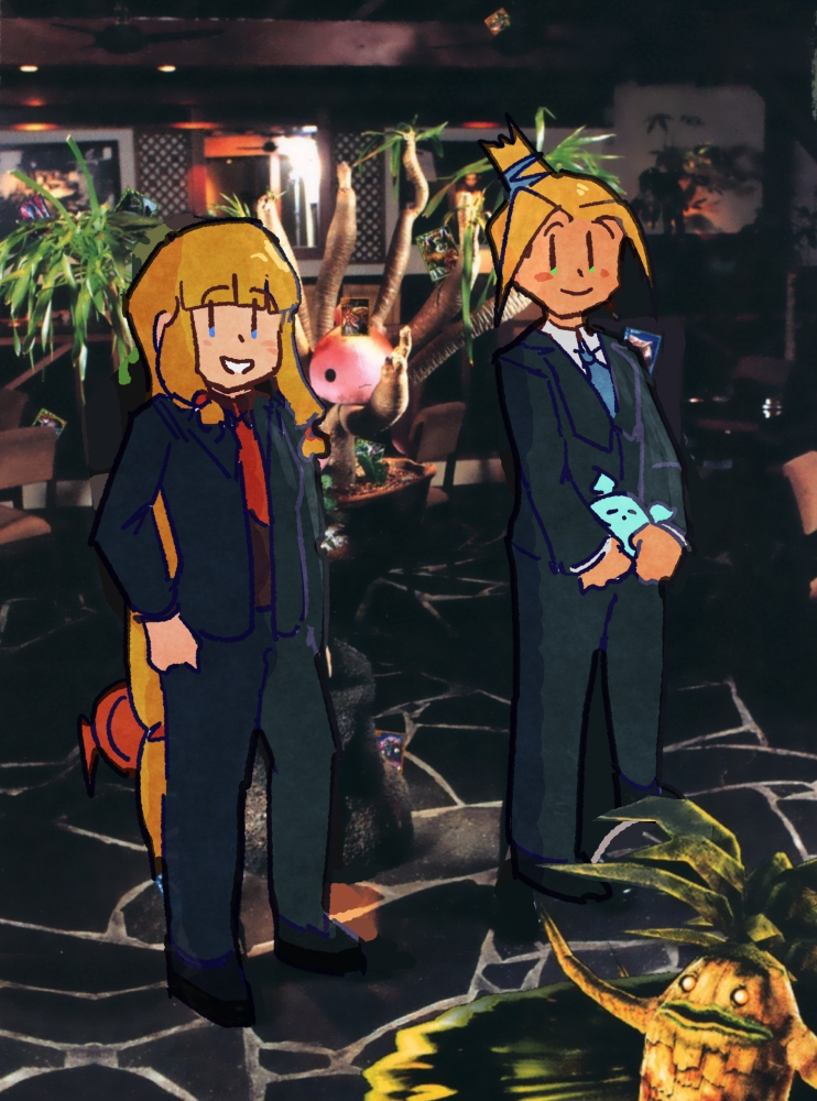 fanart of lost kingdoms showing katia and tara in suits, posing in front of a restaurant with red and blue fairy plushes. if moused over the image changes into naotoshi zin and atsushi taniguchi instead, posing in a restaurant with red and blue fairy plushes,