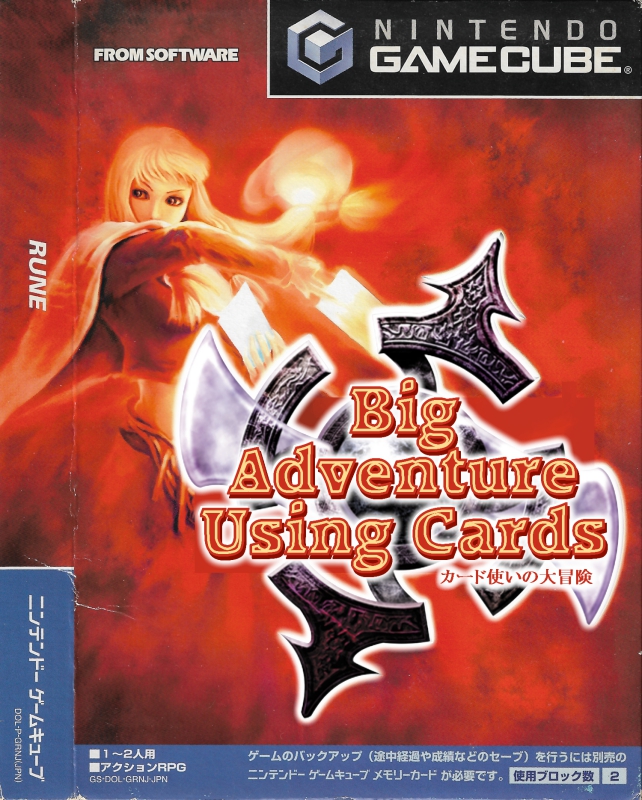 the rune game box front cover showing katia with cards. the logo text is replaced with 'Big Adventure Using Cards' instead.