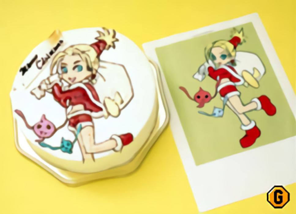 a white round cake decorated with a gel piping drawing of santa themed tara on top, in a red and white outfit and holding a large bag while smiling. there are a red and blue fairy flying around her legs, and a white chocolate sign on the cake that says merry christmas. to the left is a photograph of the art, and it is placed on a yellow BG with a octagonal G watermark on the bottom right.